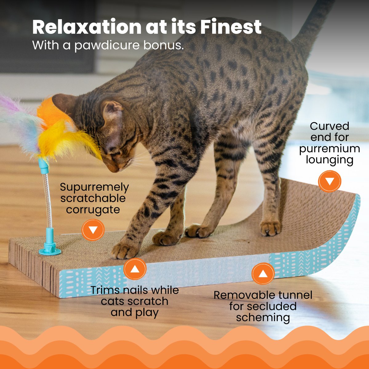 Catstages Cat Tunnel Scratcher with corrugated surface removable tunnel and feather toy