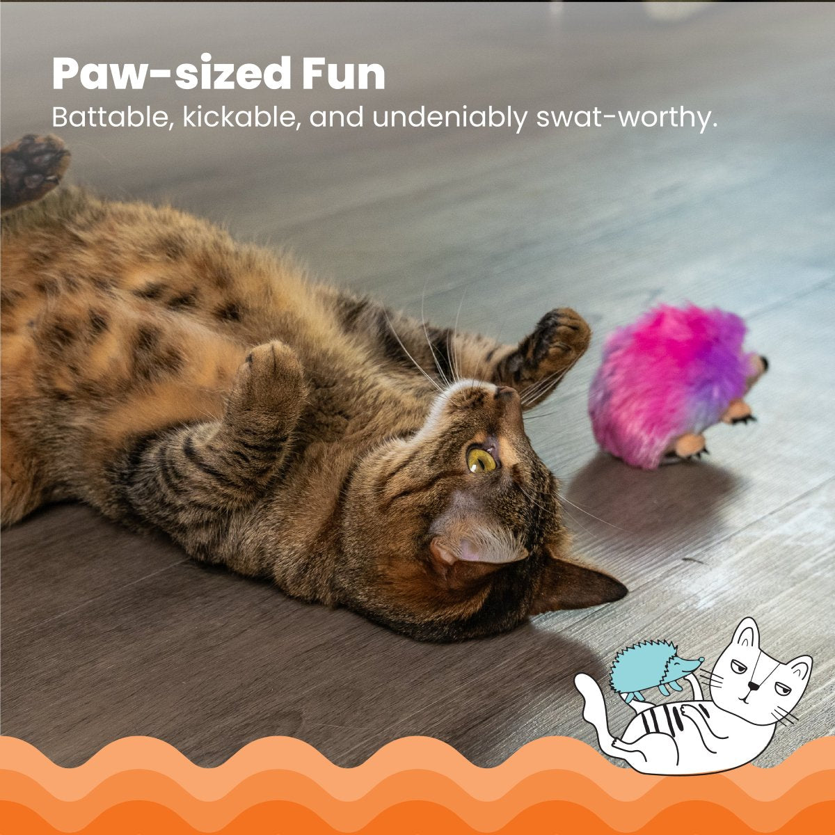 Cat batting and kicking the Catstages Catnip Plushies Hedgehog plush cat toy