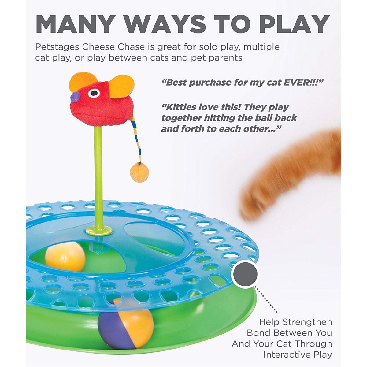 Catstages Cheese Chase interactive cat toy showing multiple ways to play