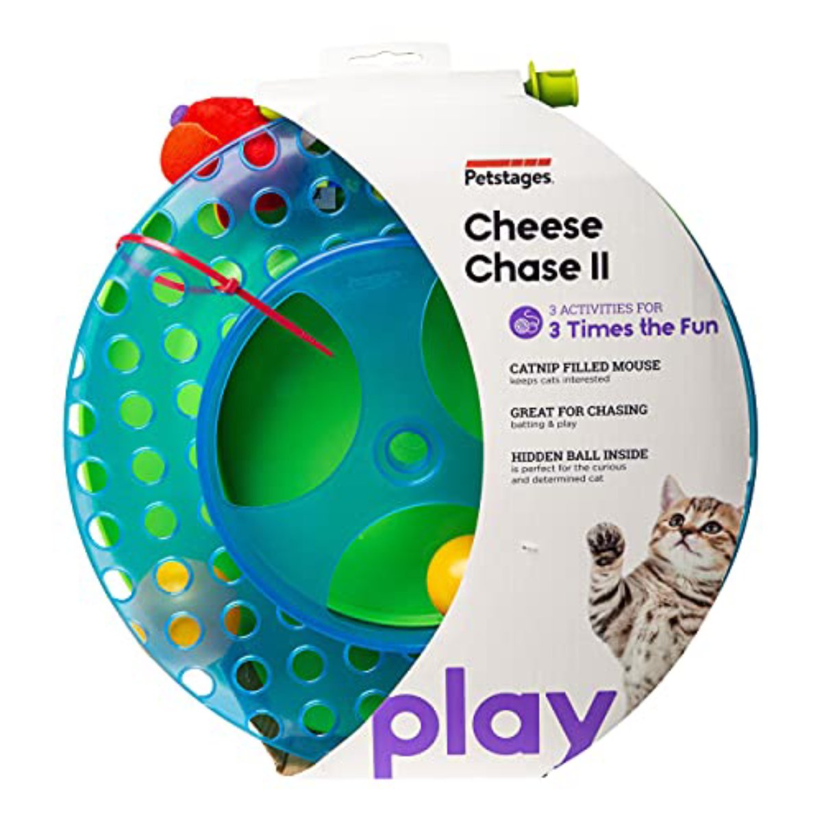 Catstages Cheese Chase II packaging with catnip mouse and ball track toy