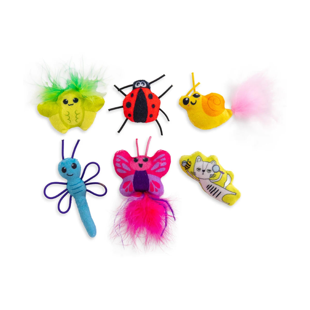 Six colourful Catstages Cute As A Bug plush cat toys with feathers and crinkle details