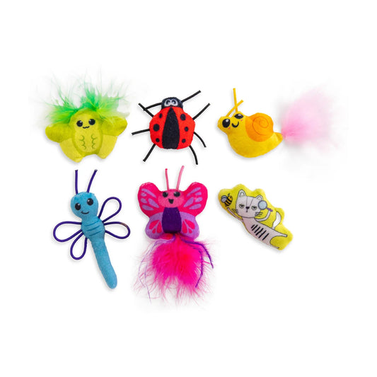 Six colourful Catstages Cute As A Bug plush cat toys with feathers and crinkle details