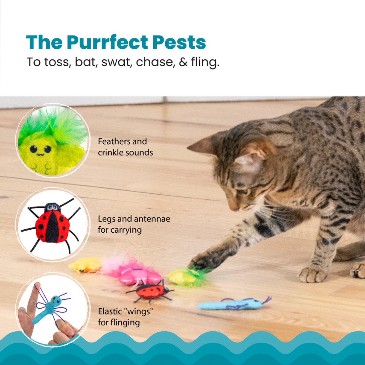 Catstages Cute As A Bug plush cat toys showing feathers, legs and elastic wings