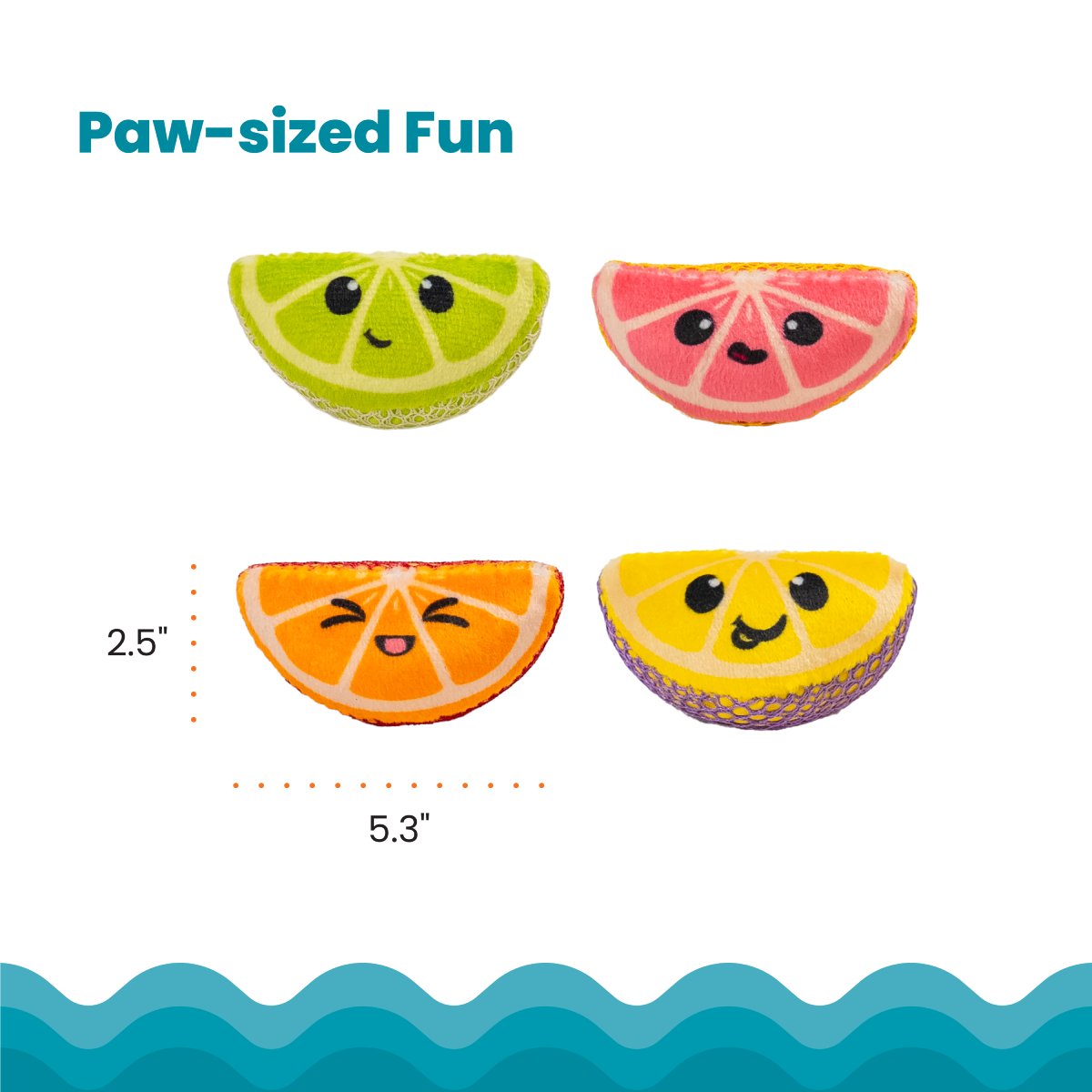 Catstages Dental Fruit Wedges 4Pk size guide showing 5.3 inch by 2.5 inch fruit wedge cat toys