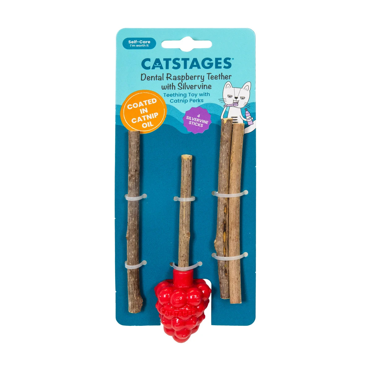 Catstages Dental Raspberry Silvervine Teether Cat Toy in retail packaging