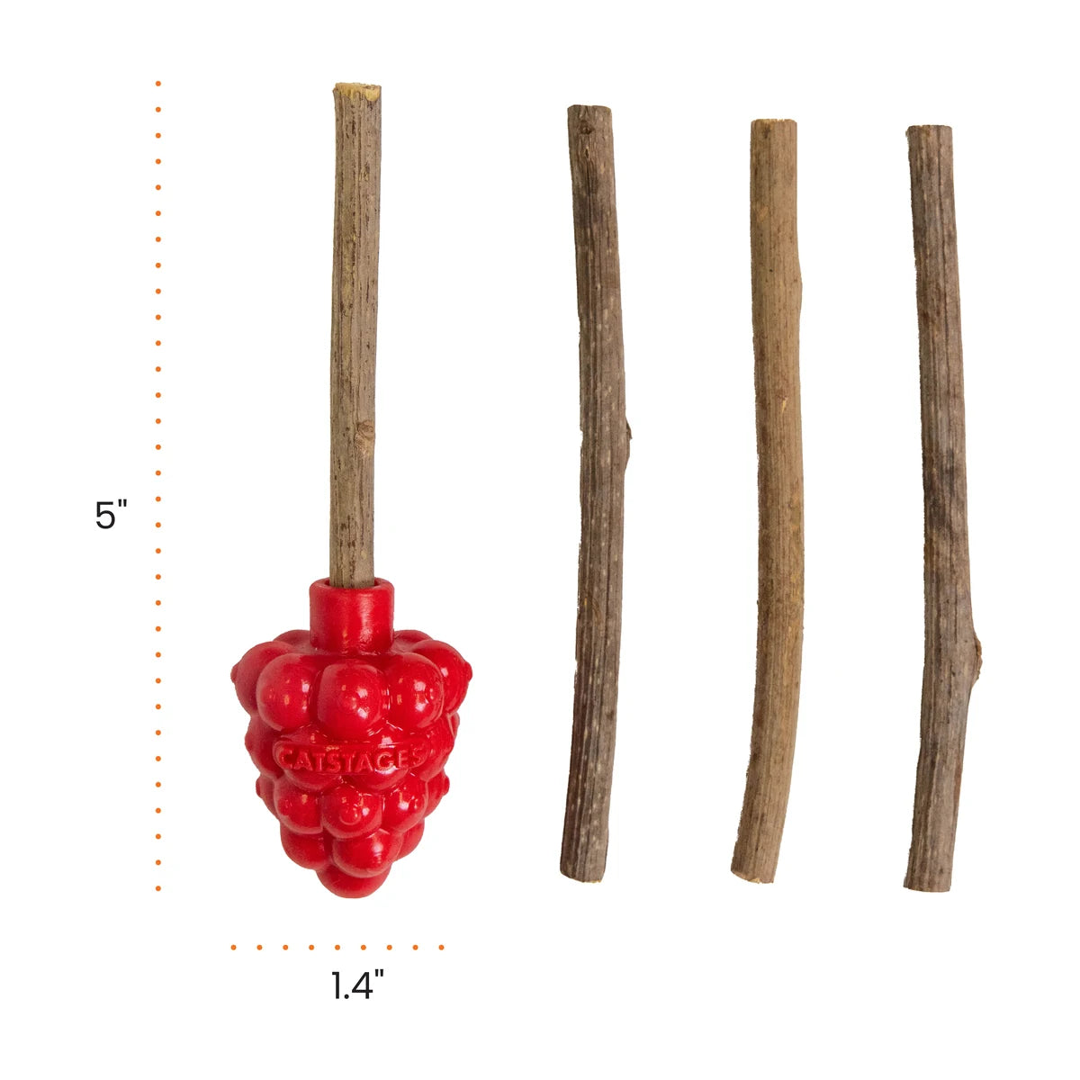 Catstages Dental Raspberry Silvervine Teether size guide showing 5 inch length and 1.4 inch width