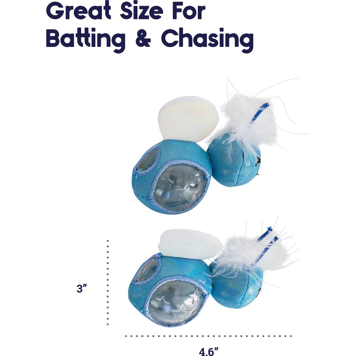 Catstages Firefly Treat Stuffer size guide showing approx 7.6 cm by 11.7 cm