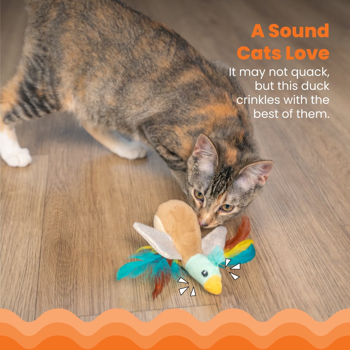 Cat sniffing Catstages Flapperz Duck plush toy with crinkle sound feature
