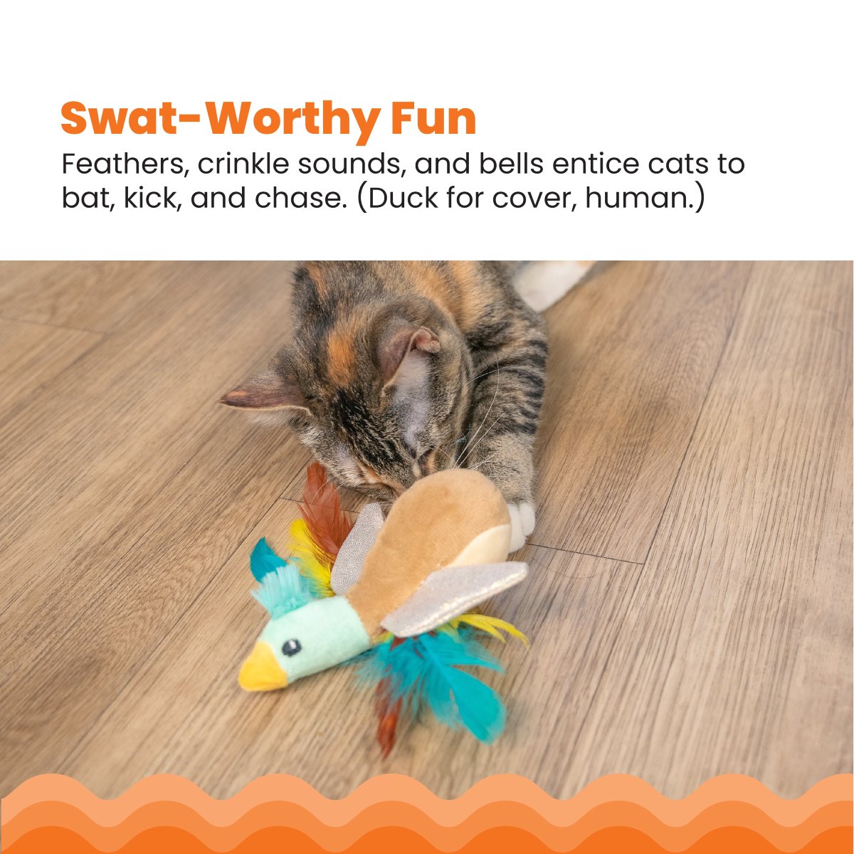 Cat playing with Catstages Flapperz Duck cat toy with feathers crinkle and bells