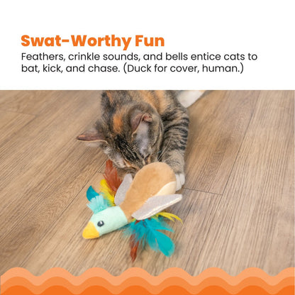 Cat playing with Catstages Flapperz Duck cat toy with feathers crinkle and bells