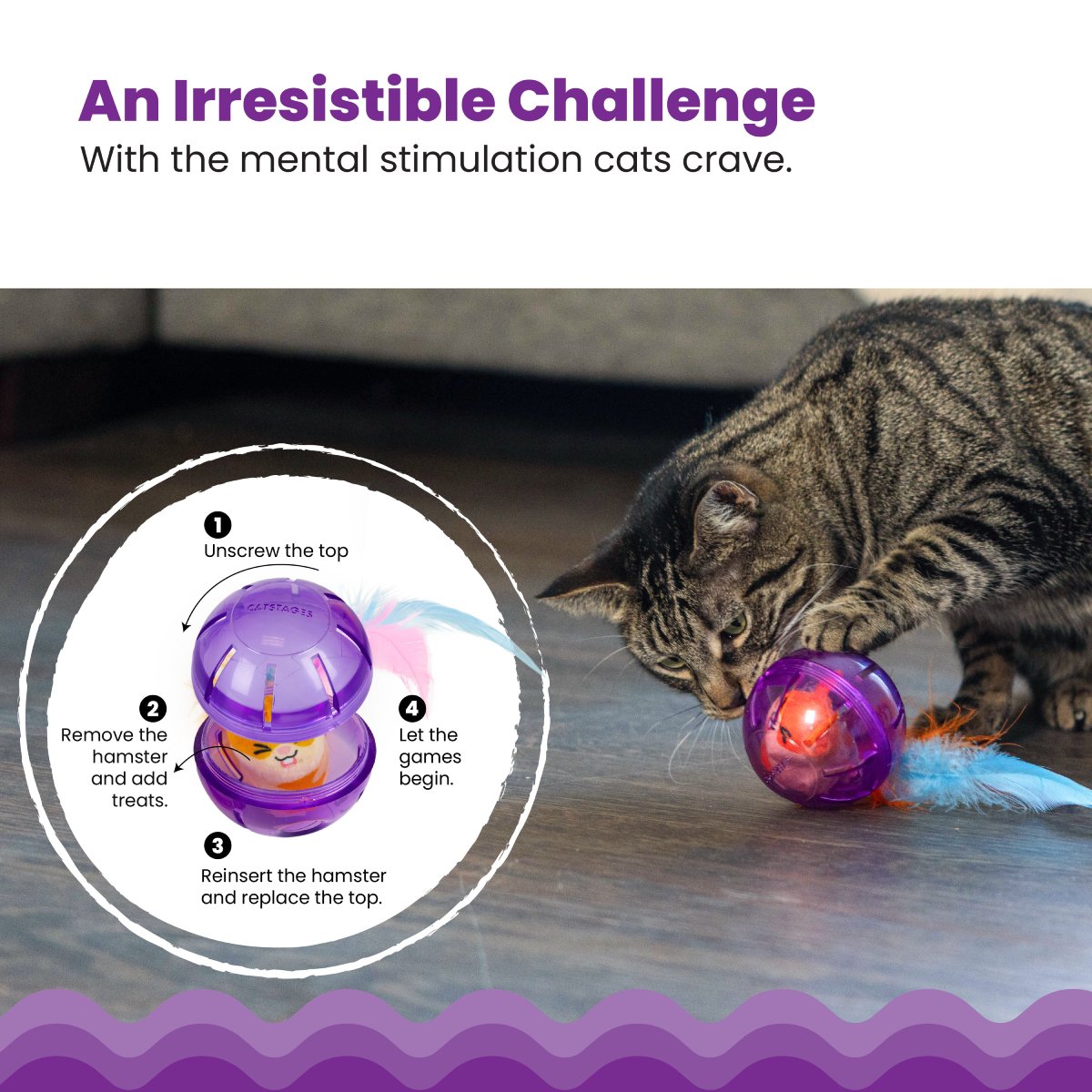 Catstages Hamster Ball treat stuffer showing how to add treats and replace the hamster toy