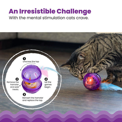 Catstages Hamster Ball treat stuffer showing how to add treats and replace the hamster toy