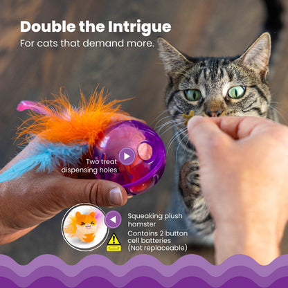 Catstages Hamster Ball cat toy showing two treat-dispensing holes and squeaking plush hamster