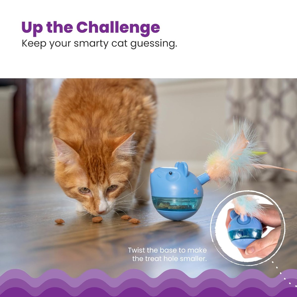 Catstages Hunt n' Swat Treat Tumbler showing adjustable treat hole for challenge play