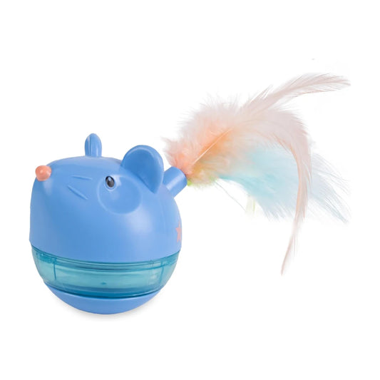 catstages Hunt n' Swat Treat Tumbler Cat Toy with blue mouse design and feather tail