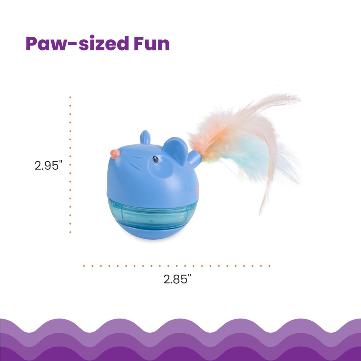 Size guide for Catstages Hunt n' Swat Treat Tumbler Cat Toy showing 2.95 inch height and 2.85 inch width