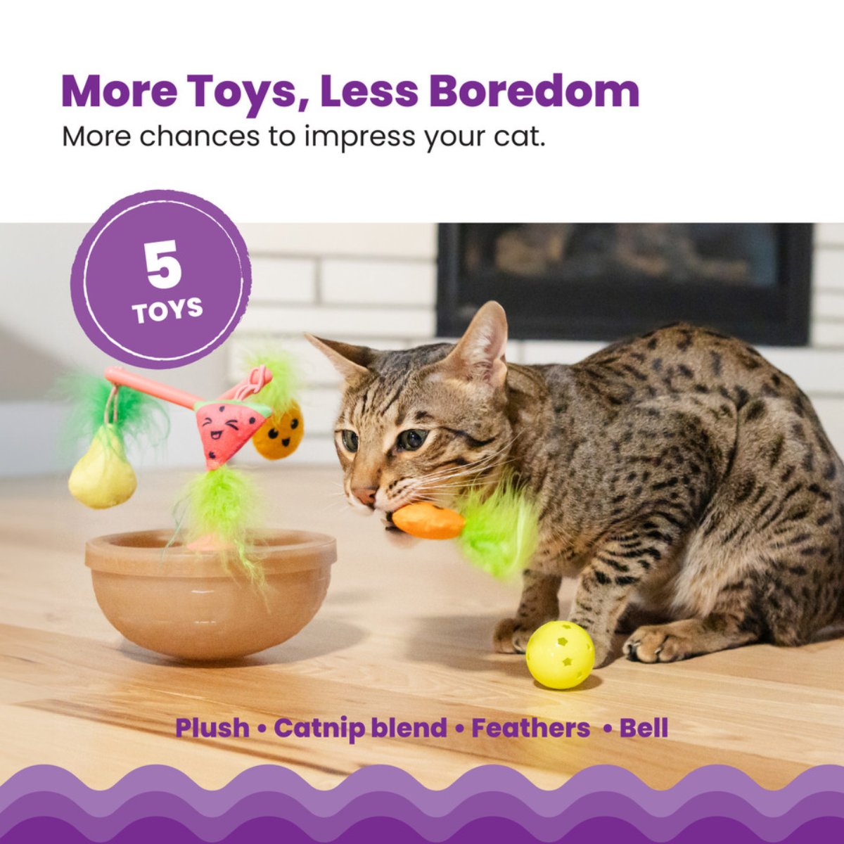 Catstages Hunt N Wobble Fruit Bowl with five included cat toys and catnip blend
