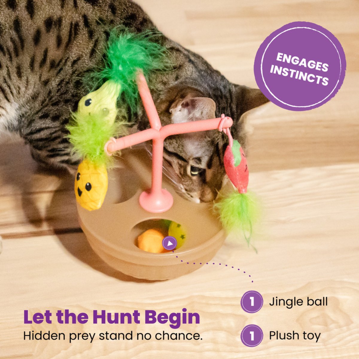Catstages Hunt N Wobble Fruit Bowl with hidden toy and jingle ball for cat hunting play