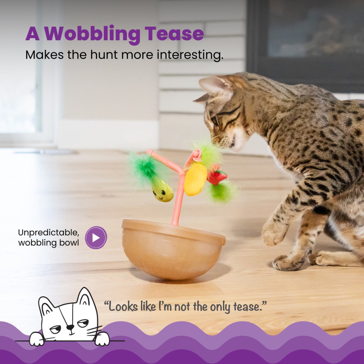Cat playing with Catstages Hunt N Wobble Fruit Bowl wobbling cat toy