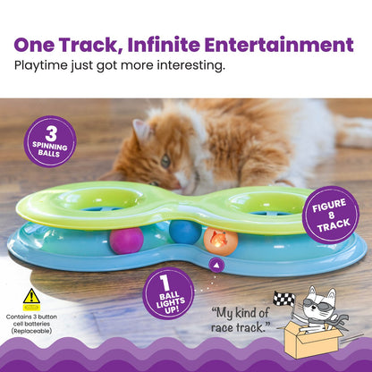 Cat playing with Catstages Infinity Ball Track interactive cat toy with spinning balls