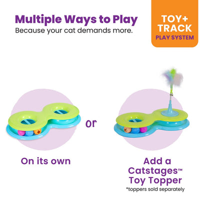 Catstages Infinity Ball Track showing optional topper toy compatibility for extra cat play