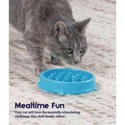 Cat using Catstages Kitty Slow Feeder blue cat bowl for slower mealtime and mental stimulation