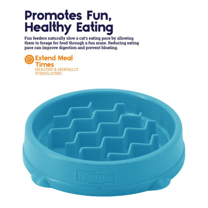 Catstages Kitty Slow Feeder blue cat bowl showing meal-lengthening ridges for fun healthy eating