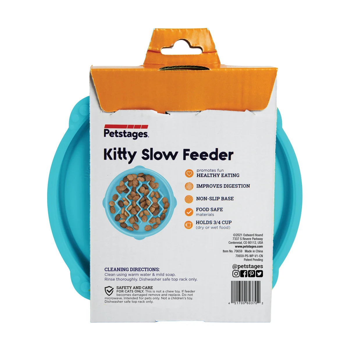 Catstages Kitty Slow Feeder Cat Bowl Blue Small packaging showing 3 quarter cup capacity and feeding features