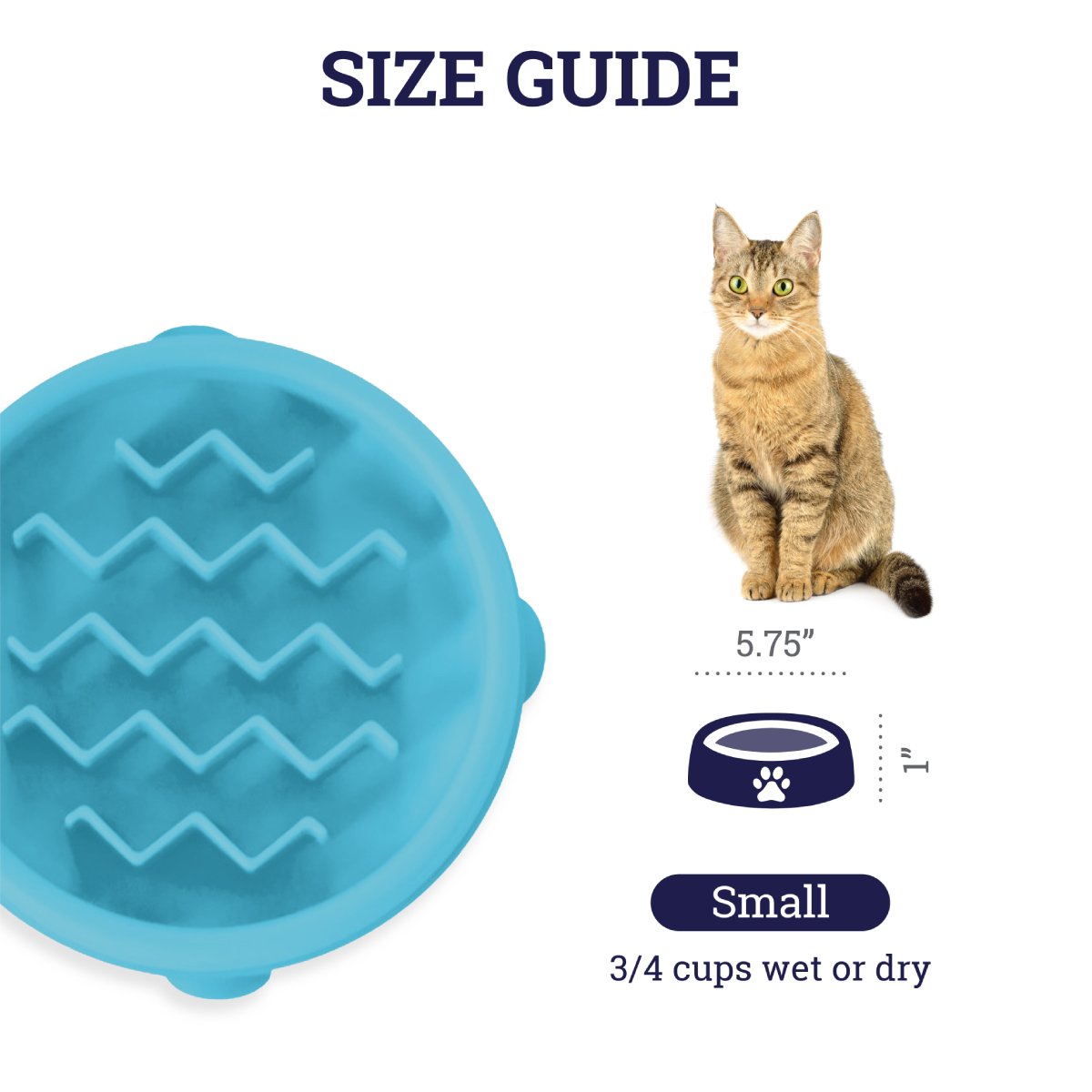 Catstages Kitty Slow Feeder Cat Bowl Blue Small size guide showing 3 quarter cup capacity for wet or dry food