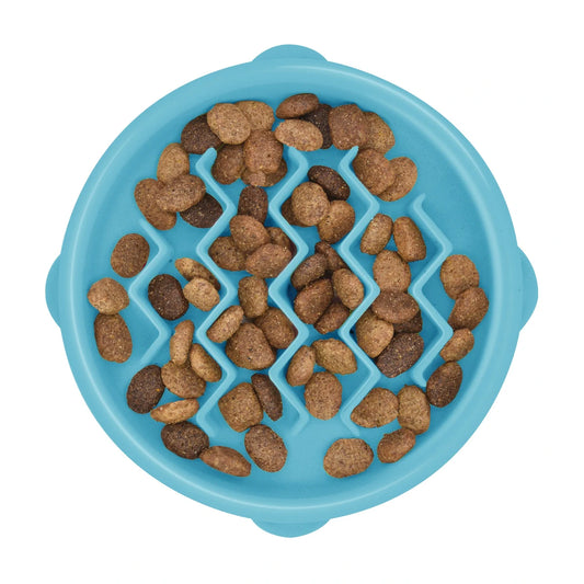 Catstages Kitty Slow Feeder Cat Bowl Blue Small with dry cat food for slower feeding and mealtime enrichment