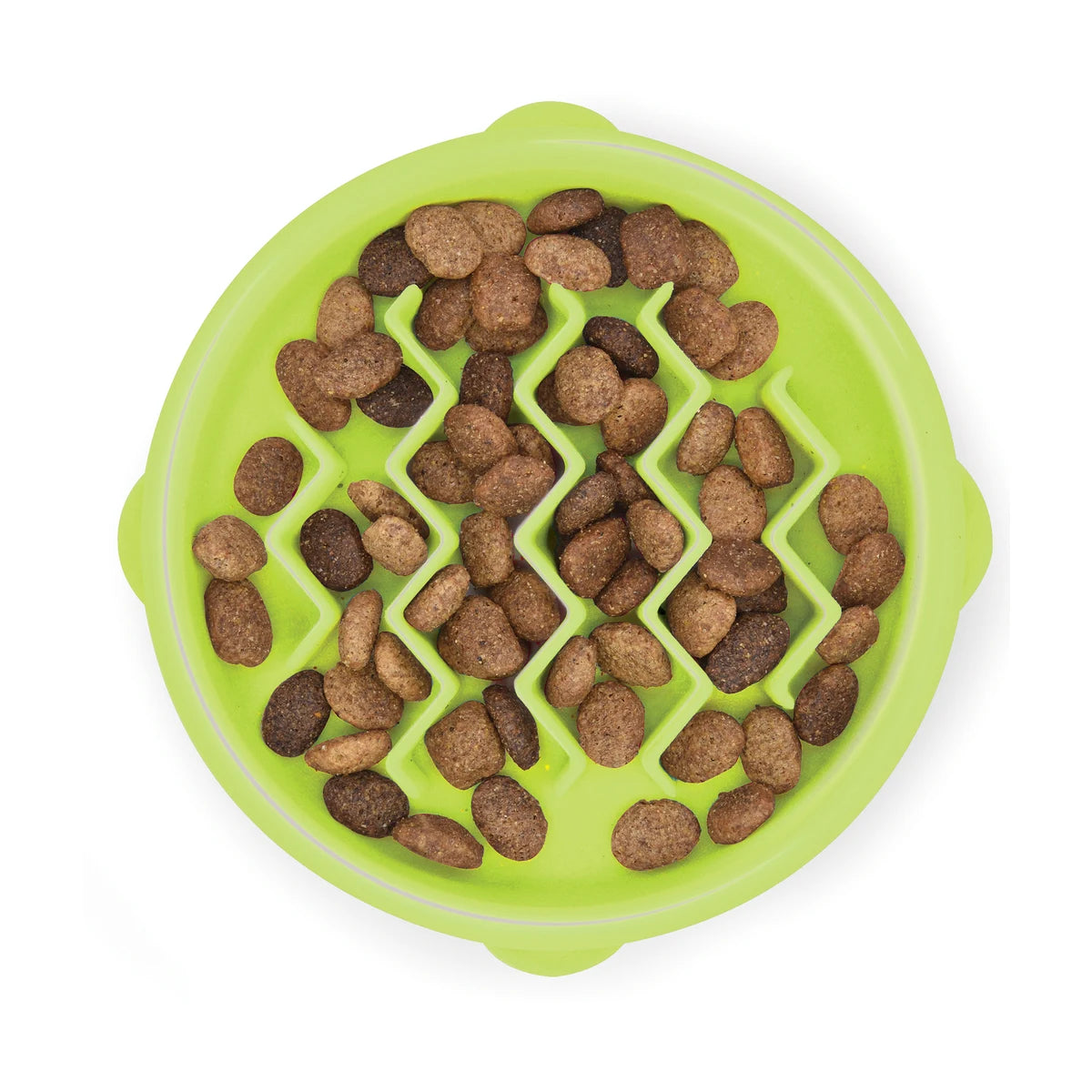Catstages Green slow feeder cat bowl filled with dry cat food to extend mealtimes