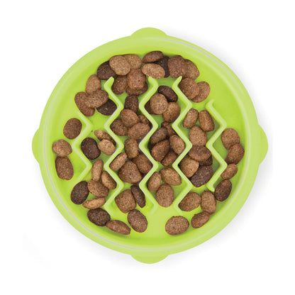 Catstages Green slow feeder cat bowl filled with dry cat food to extend mealtimes