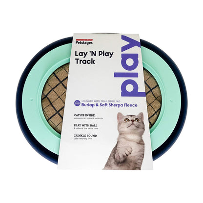 Catstages Lay 'N Play Cat Track Toy packaging with burlap and sherpa cushion details