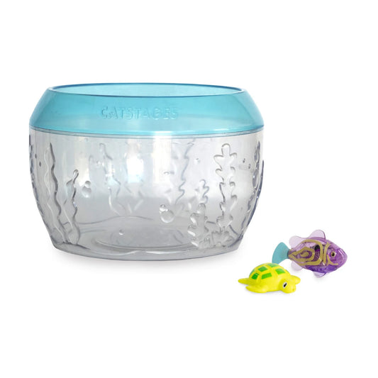 Catstages MEOW-SMERIZING Fish Bowl Cat Toy with clear blue bowl, electronic fish toy and floating turtle toy