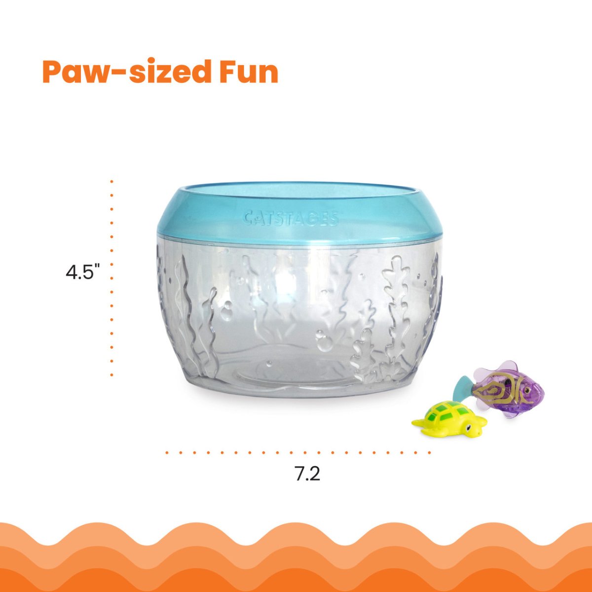 Catstages MEOW-SMERIZING Fish Bowl Cat Toy size guide showing 7.2 inch by 4.5 inch dimensions