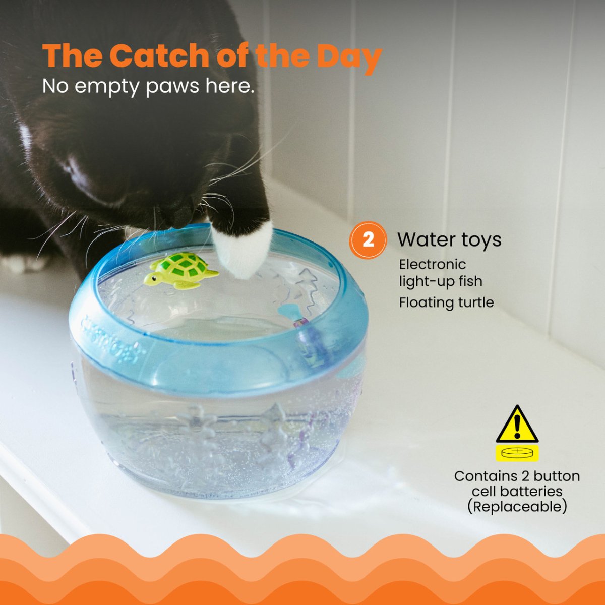 Catstages MEOW-SMERIZING Fish Bowl Cat Toy showing electronic light-up fish and floating turtle water toys