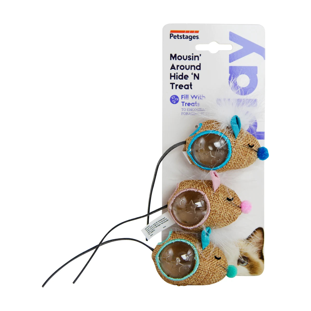 Catstages Mousin’ Around Hide ’N Treat 3 Pack cat toy in packaging with three treat-hiding mouse toys