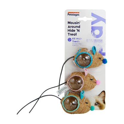 Catstages Mousin’ Around Hide ’N Treat 3 Pack cat toy in packaging with three treat-hiding mouse toys