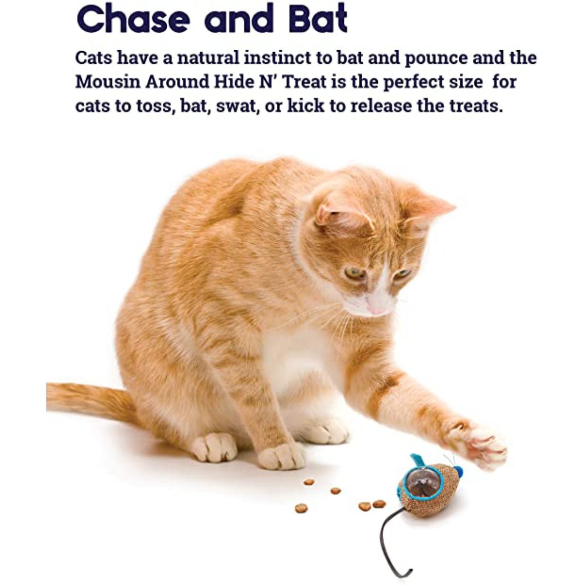 Cat batting Catstages Mousin’ Around Hide ’N Treat toy with treats released