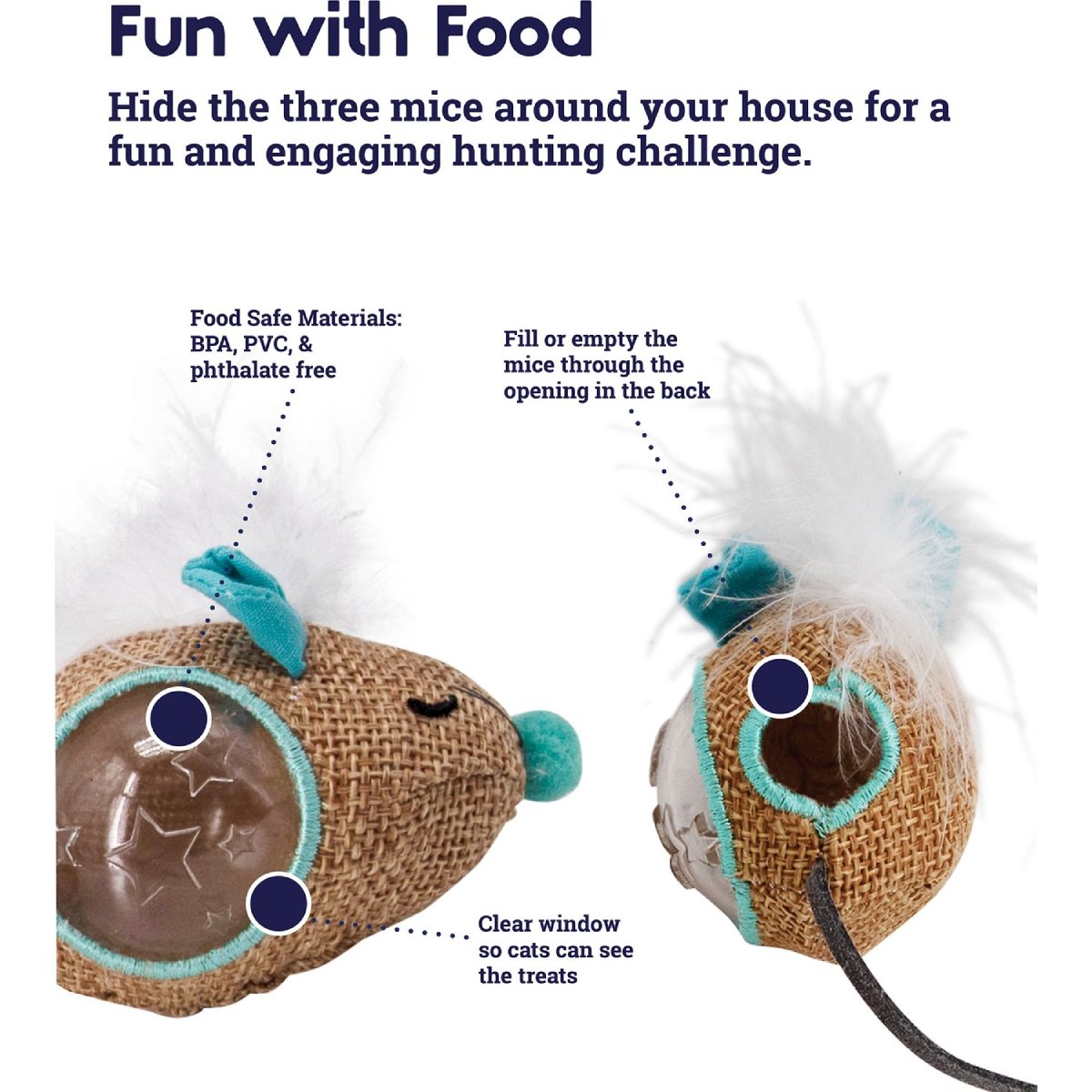 Catstages Hide ’N Treat mouse toys hidden around the home for cat foraging play