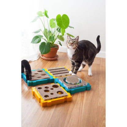 Cat near Catstages Puzzle Scratch modular cat scratcher playscape
