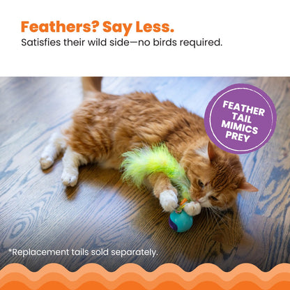 Cat playing with the Catstages Roll & Chase robot cat toy featuring a fluffy feather teaser tail