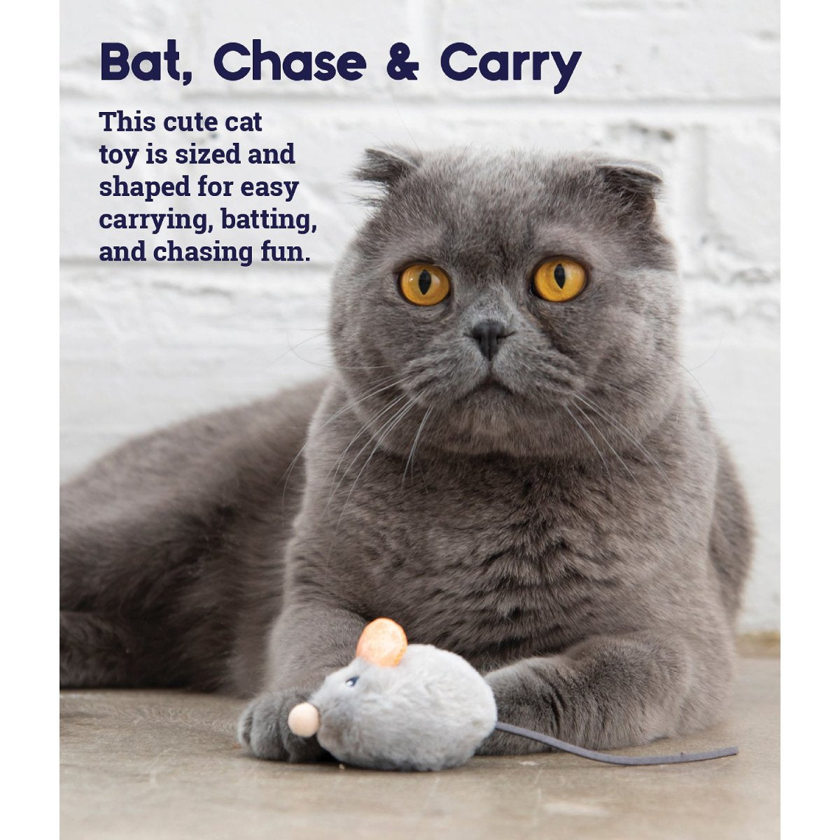 Cat resting with Catstages Squeak Squeak Mouse plush cat toy