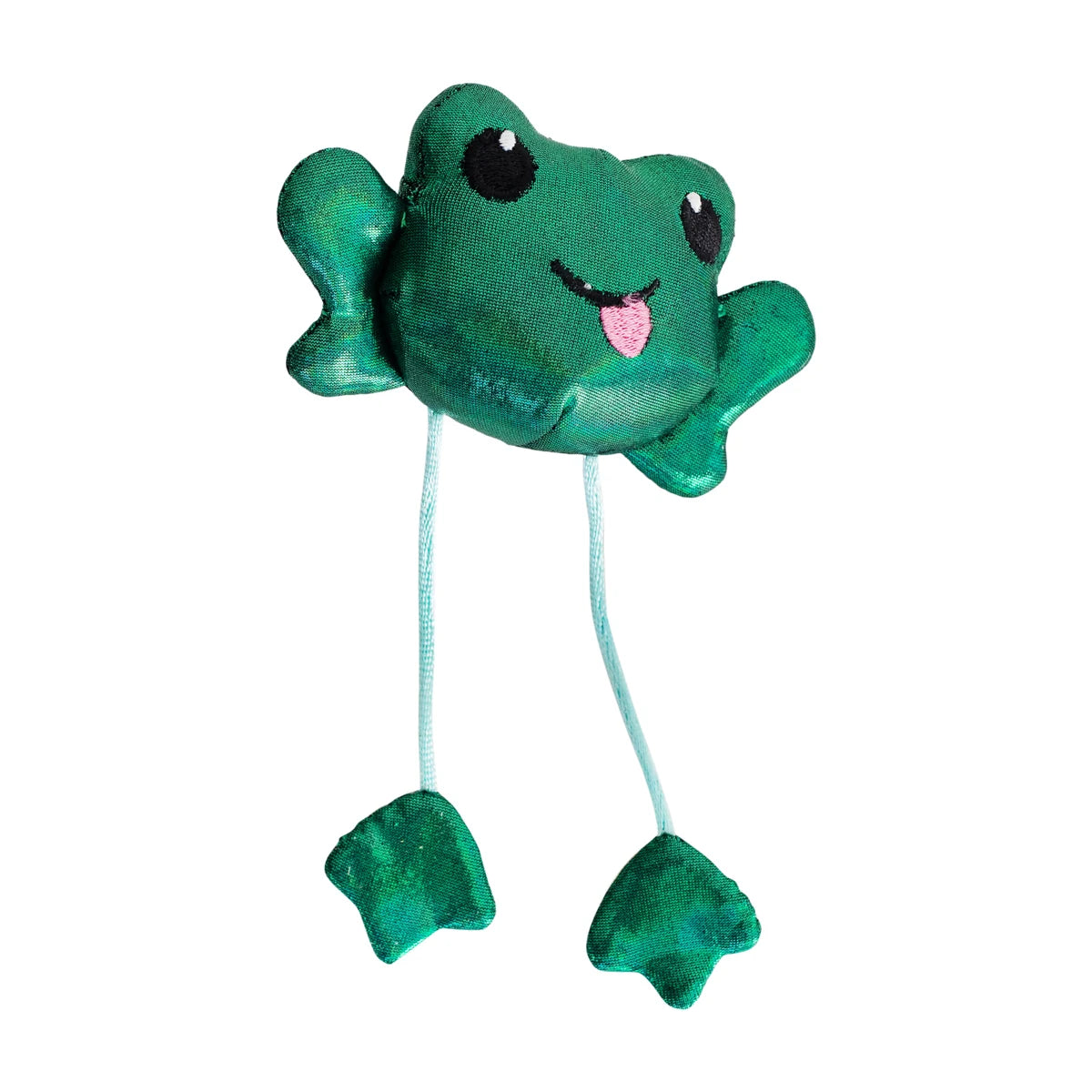 Catstages Toss 'n Dangle Frog sound cat toy with green plush body and dangly legs