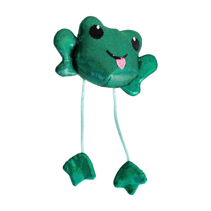 Catstages Toss 'n Dangle Frog sound cat toy with green plush body and dangly legs