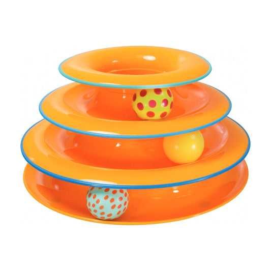 Catstages Tower of Tracks Cat Toy with three orange levels and spinning balls
