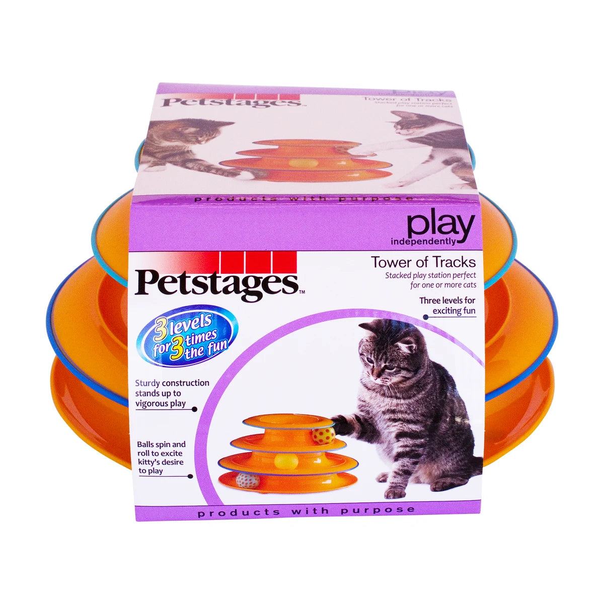 Catstages Tower of Tracks Cat Toy packaging with orange three-level track toy