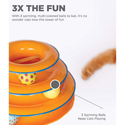 Catstages Tower of Tracks Cat Toy graphic showing three levels and spinning balls