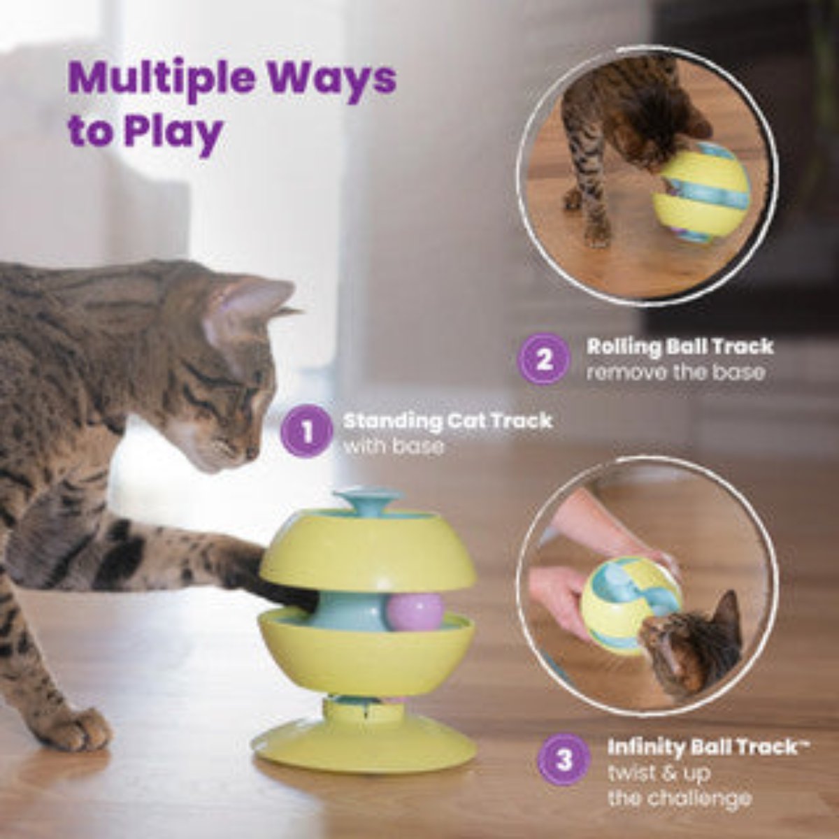 Catstages Twist-A-Ball Track showing multiple ways to play with standing and rolling ball track options