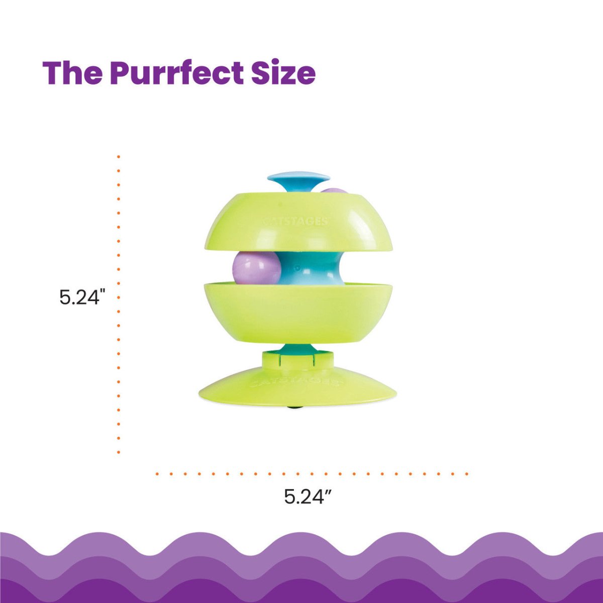 Catstages Twist-A-Ball Track size guide showing compact 13.3 cm cat toy dimensions